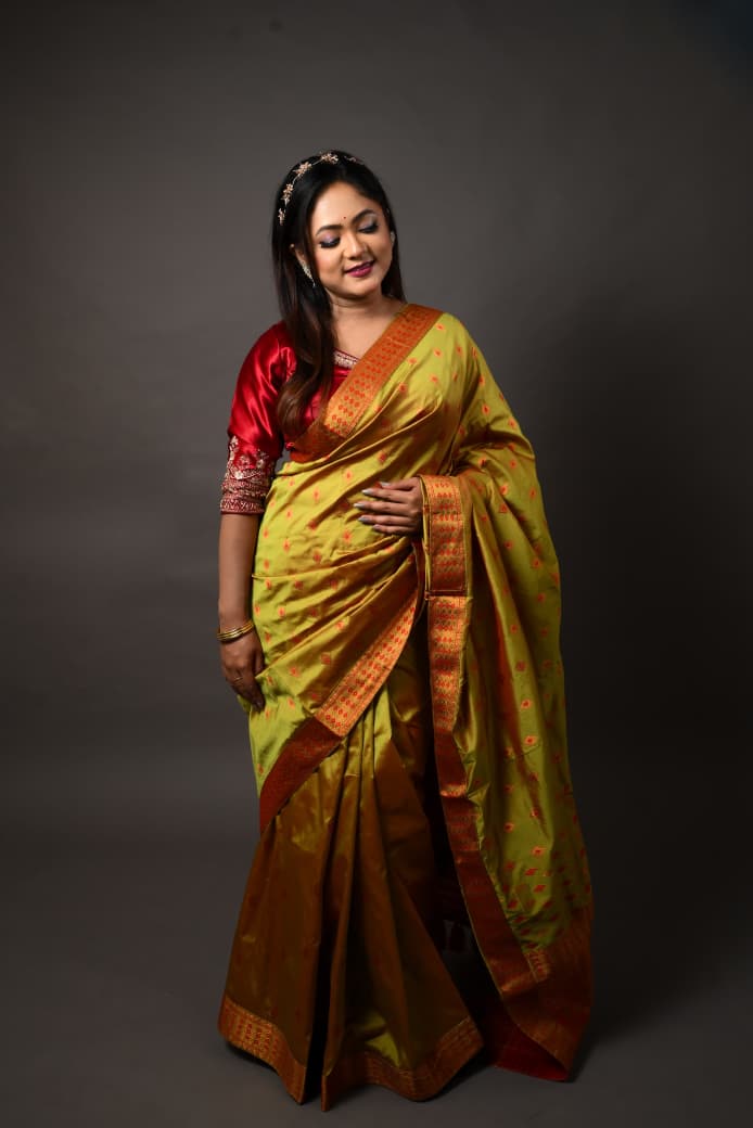Assam Golden & Red Handmade Mix Pat Silk Mix Saree